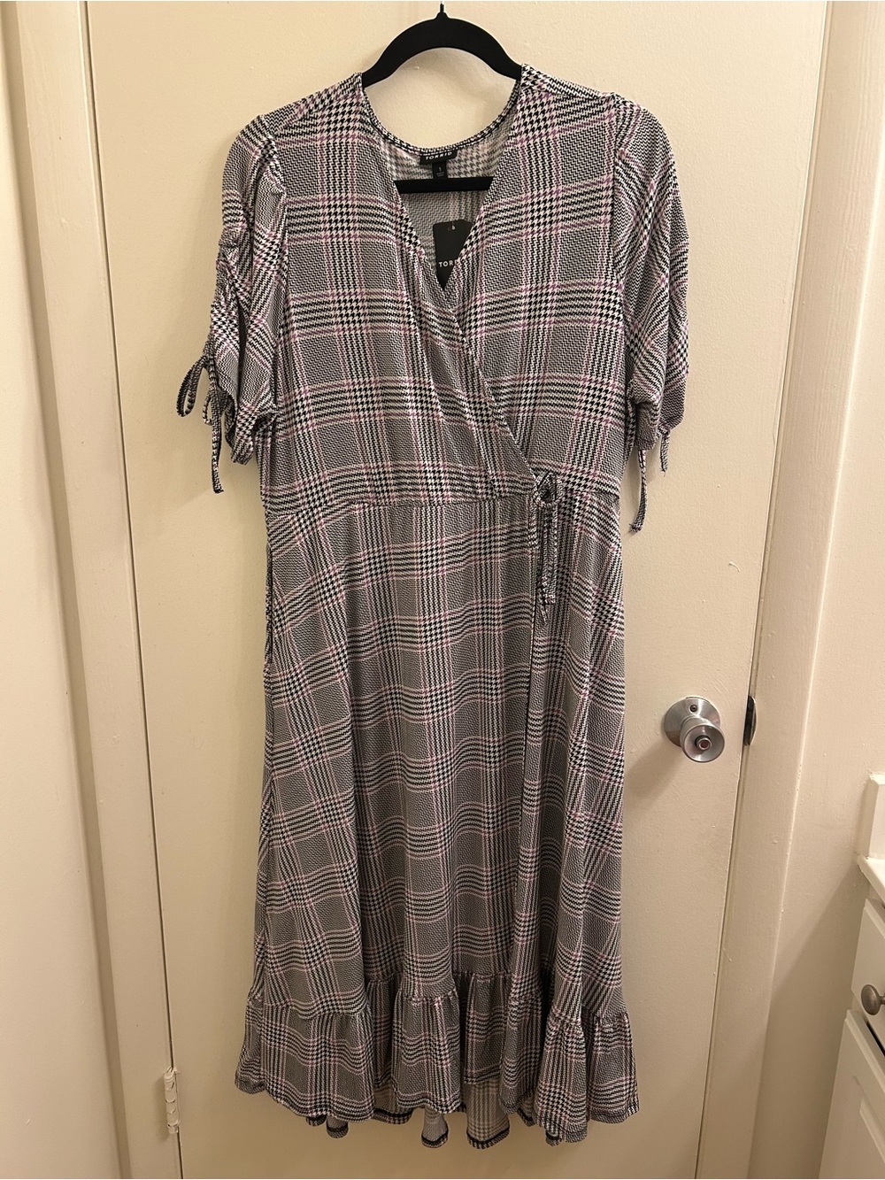 torrid Gray Plaid Wrap Midi Dress with Pink Accents - Picture 3 of 3